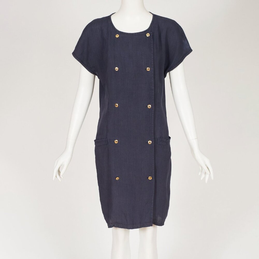 Genny 1980s Vintage Italian Navy Linen Double-Breasted Shift Dress Sz M L